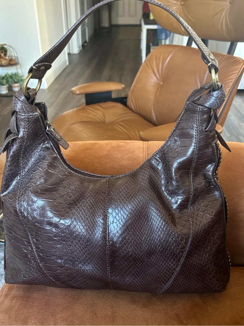 Liz Claiborne VintageSnake Skin faux leather Shoulder Bag Studded Gold Hardware